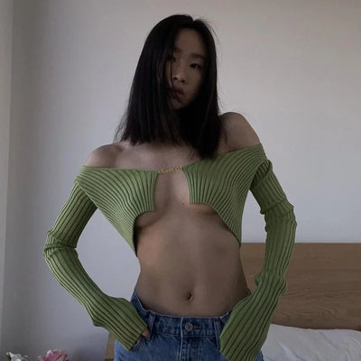 Cryptographic Autumn Knitted Sexy Cropped Sweaters Women Fashion Long Sleeve Cardigan Women Tops Pullovers Oversized Clothes