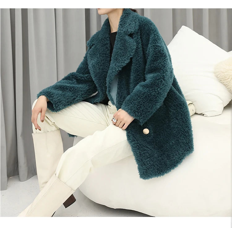 MENINA BONITA 2025 New  Luxury Winter Jacket Women's Coat Double-breasted Woven Real Natural Wool Fur Lapel Warm Loose Outerwear