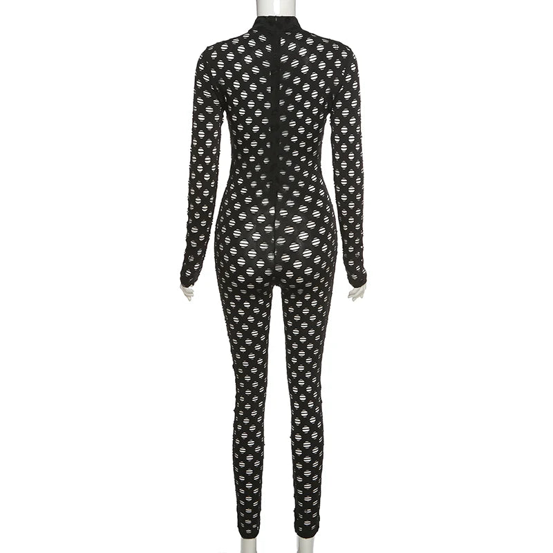 Hollow Out Jumpsuits Women 2021 Turtleneck Sexy Net Plaid Hole Skinny Elastic Club Streetwear Solid Rompers Female Outfits