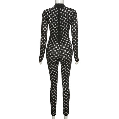 Hollow Out Jumpsuits Women 2021 Turtleneck Sexy Net Plaid Hole Skinny Elastic Club Streetwear Solid Rompers Female Outfits