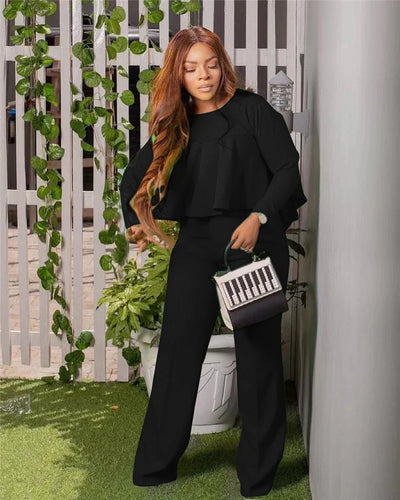 Elegant Work Wear Two Piece Set Fall Clothes for Women Ruffles Crop Top and Wide Leg Pants Suits Matching Sets Sexy Club Outfits