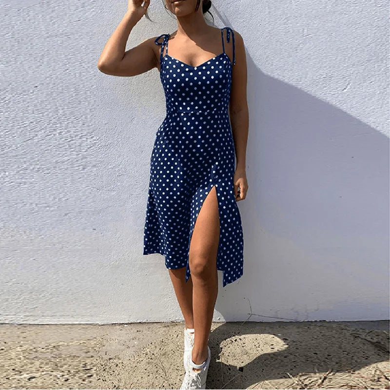 Dresses Sundress Summer Women Causal Polka Dot Sleeveless High Pleated elastic waist V-Neck Beach Dress Vestidos De Verano