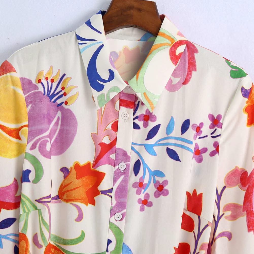 2021 Women Summer Dresses Floral Print Turn-down Collar A-Line 3/4 Sleeve Large Hem Single-breasted Mid-Calf Shirt Midi Dress St