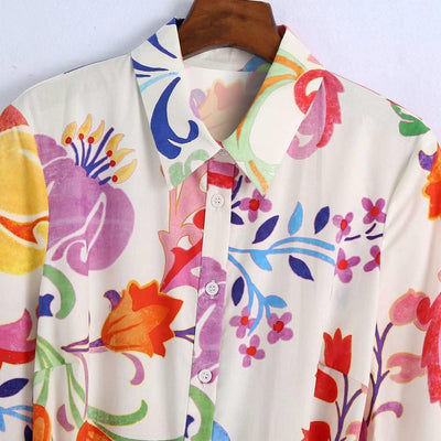 2021 Women Summer Dresses Floral Print Turn-down Collar A-Line 3/4 Sleeve Large Hem Single-breasted Mid-Calf Shirt Midi Dress St