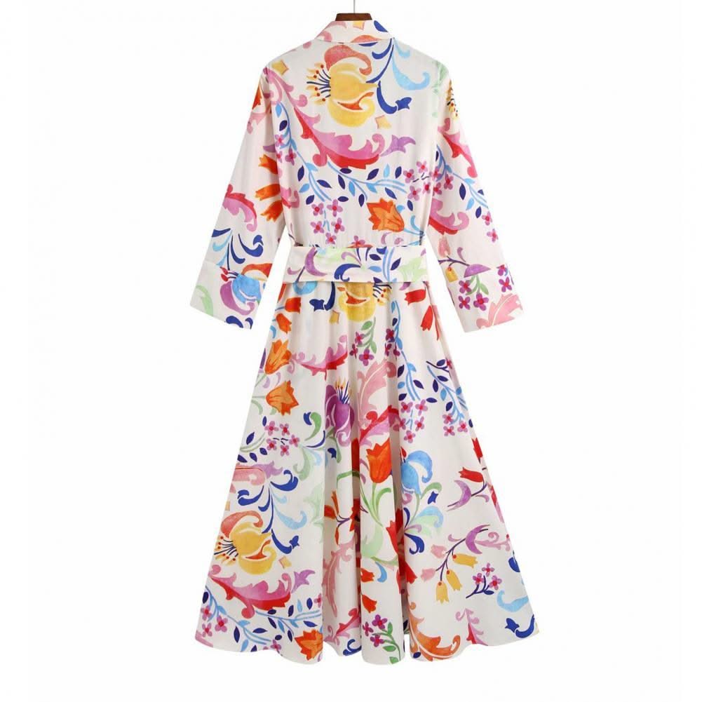 2021 Women Summer Dresses Floral Print Turn-down Collar A-Line 3/4 Sleeve Large Hem Single-breasted Mid-Calf Shirt Midi Dress St