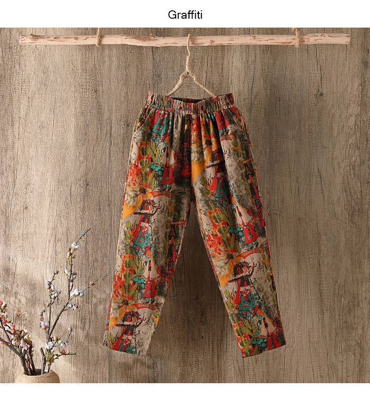 Fashion Printed Cotton Linen Harem Pants for Women 2025 Summer Casual High Waist Calf-Length Loose Trousers Female Streetwear