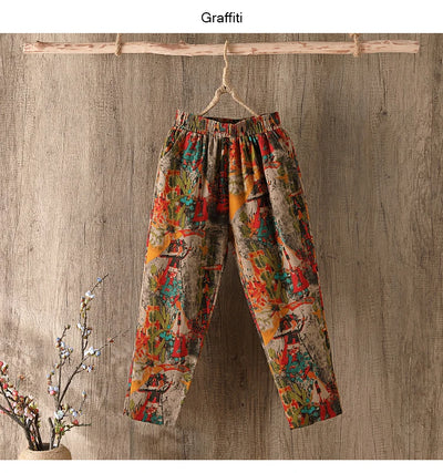 Fashion Printed Cotton Linen Harem Pants for Women 2025 Summer Casual High Waist Calf-Length Loose Trousers Female Streetwear