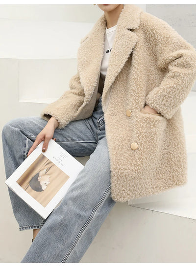 MENINA BONITA 2025 New  Luxury Winter Jacket Women's Coat Double-breasted Woven Real Natural Wool Fur Lapel Warm Loose Outerwear