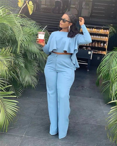 Elegant Work Wear Two Piece Set Fall Clothes for Women Ruffles Crop Top and Wide Leg Pants Suits Matching Sets Sexy Club Outfits