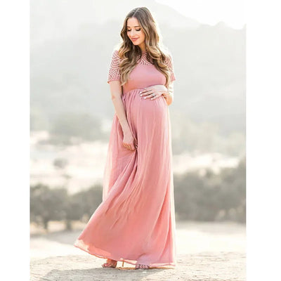 Short Sleeve Lace Chiffon Maternity Dresses for Photoshoot Pregnant Women Maxi Gown Dress Pregnancy Baby Shower Photography Prop