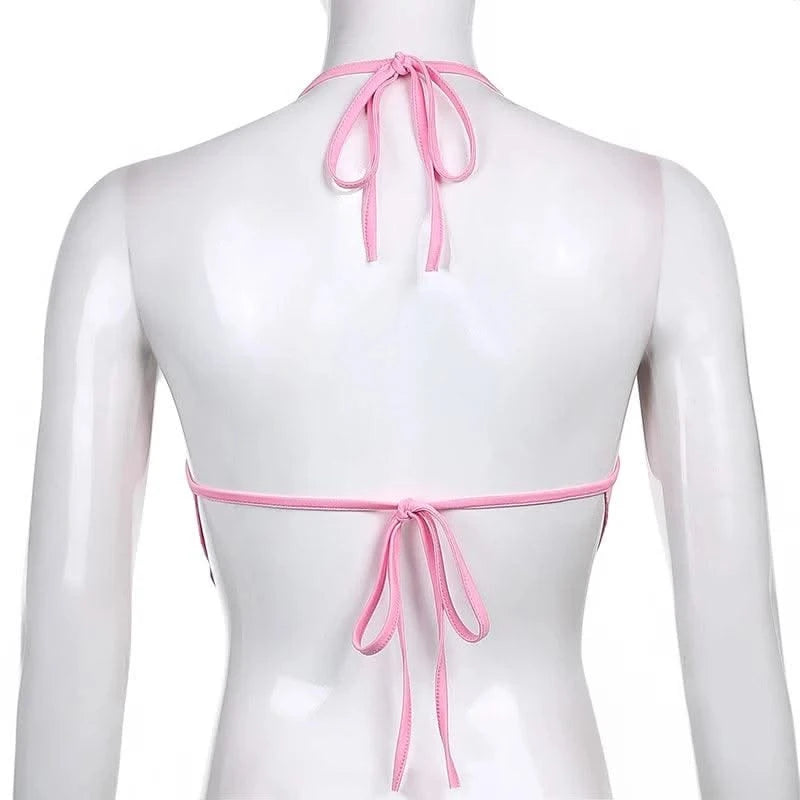 Pink Sleeveless Sexy Crop Tops Women Backless Lacing Camis Wireless Bralette
