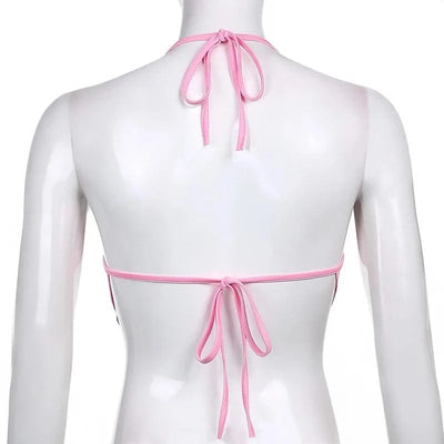 Pink Sleeveless Sexy Crop Tops Women Backless Lacing Camis Wireless Bralette