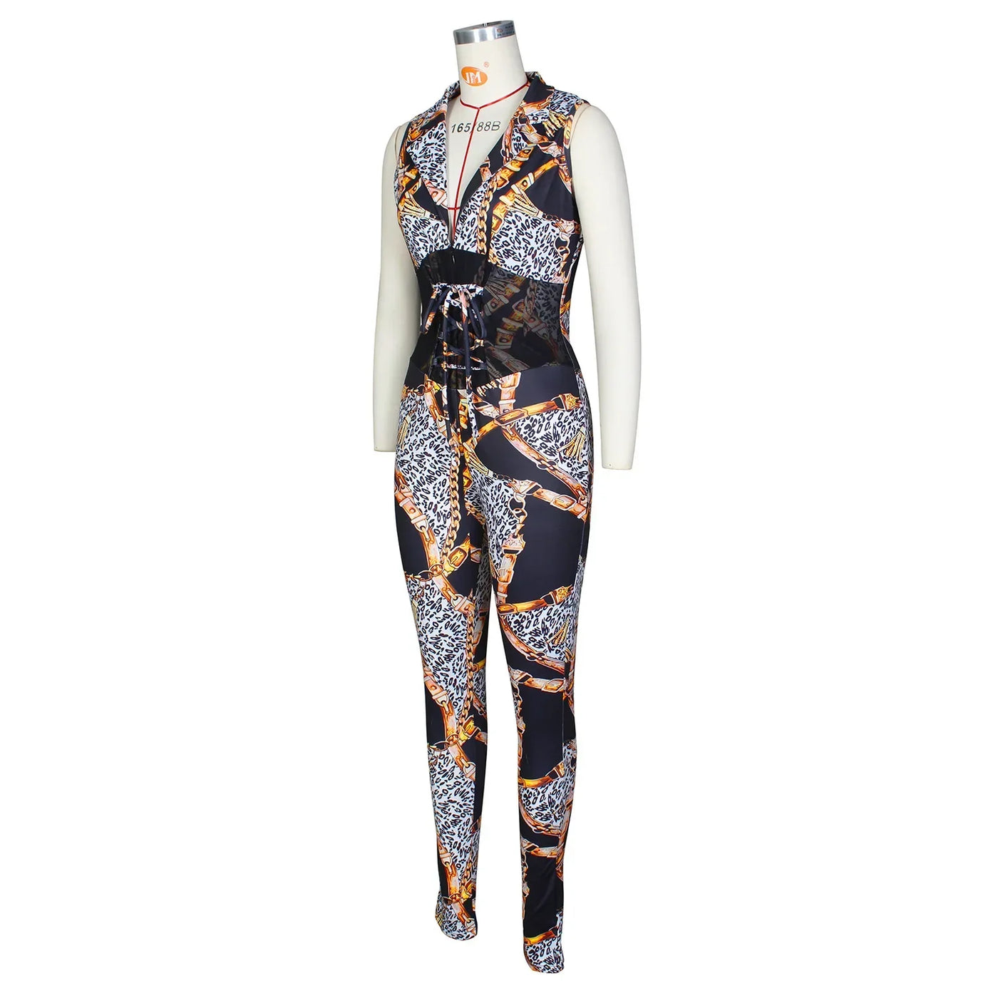 JRRY Sexy Women Jumpsuits Sleeveless Sashes Print Bodysuit High Elasticity Chain Pattern Outdoor Wear