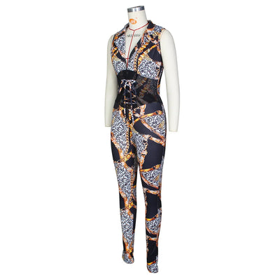 JRRY Sexy Women Jumpsuits Sleeveless Sashes Print Bodysuit High Elasticity Chain Pattern Outdoor Wear