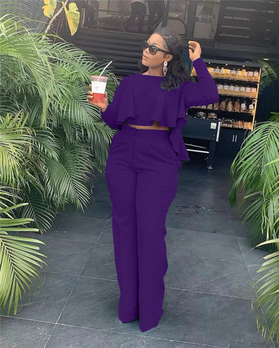 Elegant Work Wear Two Piece Set Fall Clothes for Women Ruffles Crop Top and Wide Leg Pants Suits Matching Sets Sexy Club Outfits