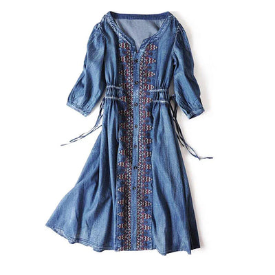 TEELYNN midi denim dresses for women dresses bule cotton ethnic Embroidery boho dress Drawstring waist Gypsy dresses vestidos