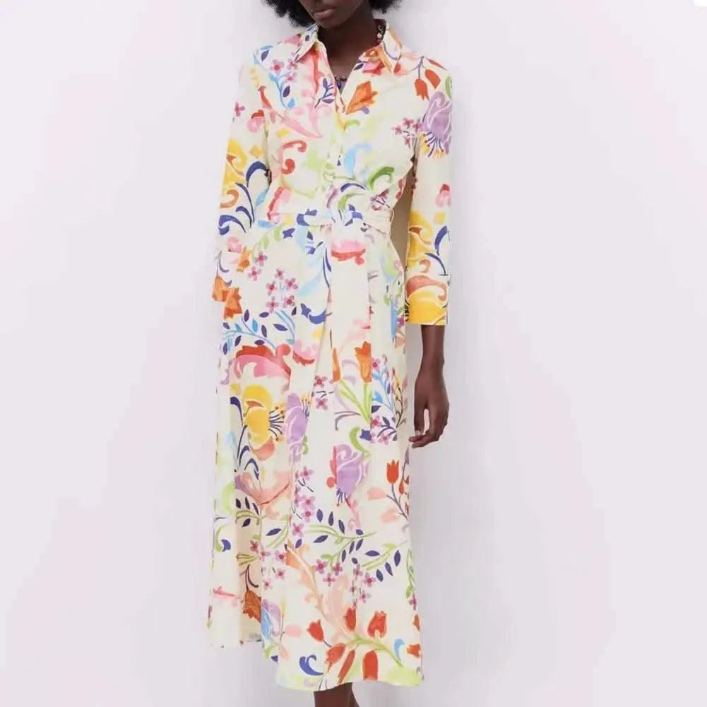 2021 Women Summer Dresses Floral Print Turn-down Collar A-Line 3/4 Sleeve Large Hem Single-breasted Mid-Calf Shirt Midi Dress St