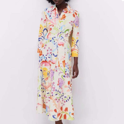 2021 Women Summer Dresses Floral Print Turn-down Collar A-Line 3/4 Sleeve Large Hem Single-breasted Mid-Calf Shirt Midi Dress St