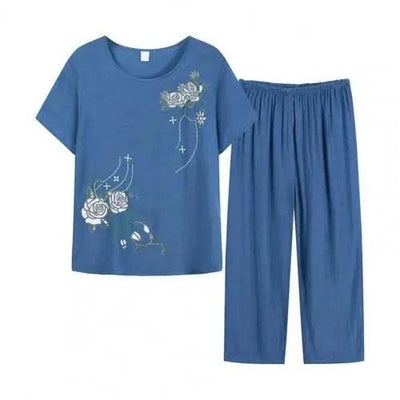 Summer Women Lounge Wear Set Short Sleeve Floral Print T-shirt Trousers Pants Loose Two Pieces Set Outfit Middle-aged Women Suit
