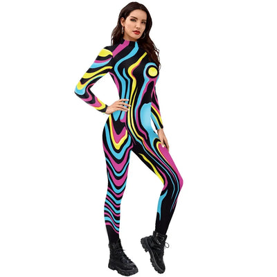 FCCEXIO Multicolour Printing Holiday Party Women Jumpsuits New Fashion Sexy Jumpsuit Wear Cosplay Costume Catsuit Bodysuit