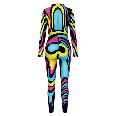 FCCEXIO Multicolour Printing Holiday Party Women Jumpsuits New Fashion Sexy Jumpsuit Wear Cosplay Costume Catsuit Bodysuit