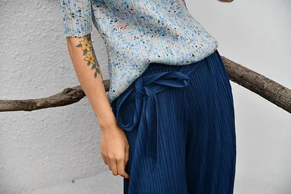 Miyake Pleated Designer Pleated Blue Belt Pants Casual Long Women Trousers