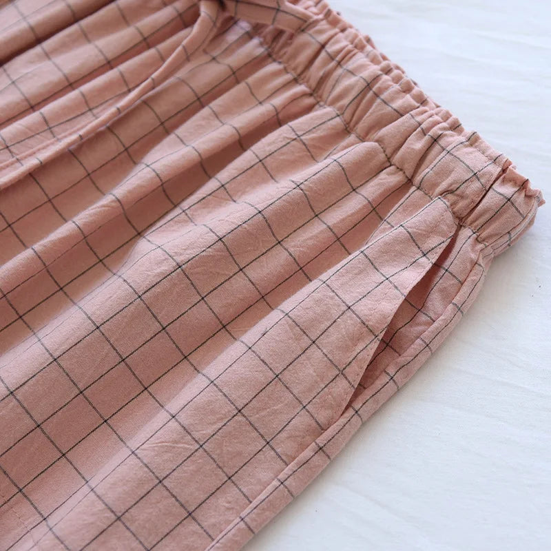 couple washed cotton trousers thin men and women home pants Elastic Waist Sleep Bottoms Plaid lounge pants home sleepwear 2021