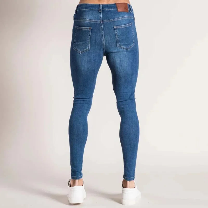 Fashion White Elastic Skinny Pants Man Ripped Jeans Male Streetwear Vintage Wash Solid Denim Trouser Mens Casual Slim fit Pants