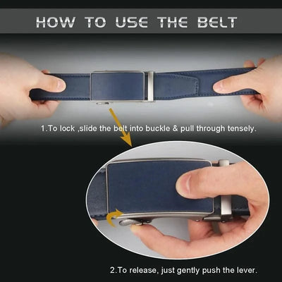 Blue Genuine Leather Automatic Buckle Strap Metal Belts for Men| Male