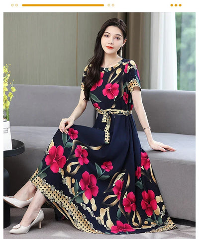 New Fashion 2024 Print Summer Dresses For Women Short Sleeve O-Neck Elegant Summer Dress Woman Clothing