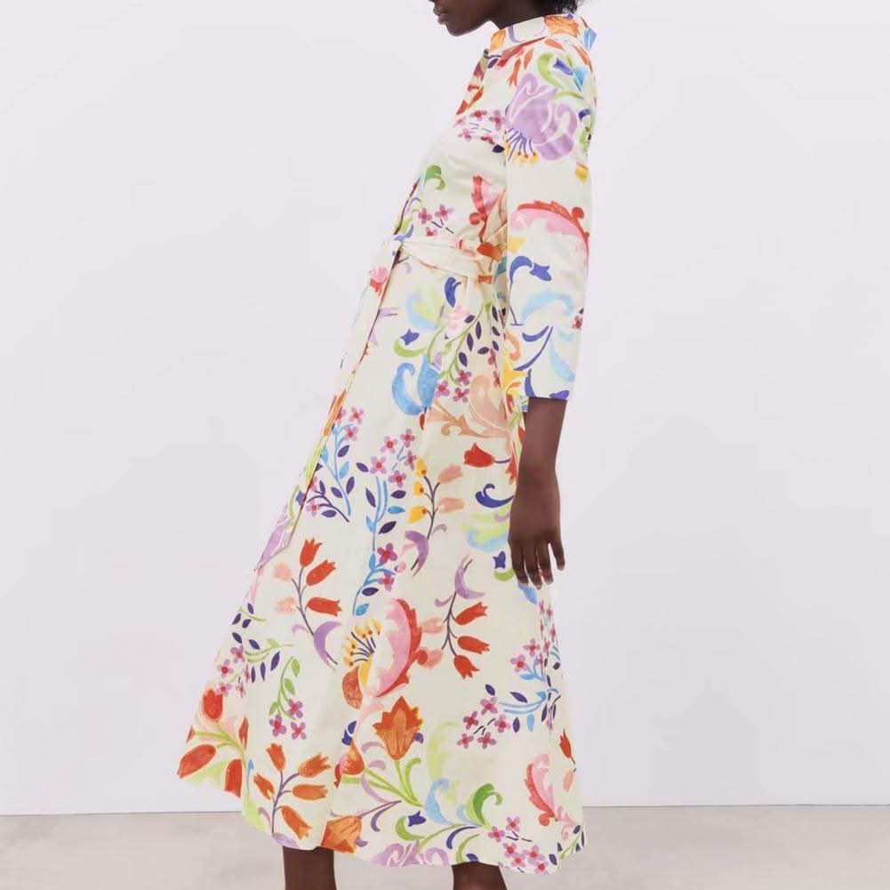 2021 Women Summer Dresses Floral Print Turn-down Collar A-Line 3/4 Sleeve Large Hem Single-breasted Mid-Calf Shirt Midi Dress St
