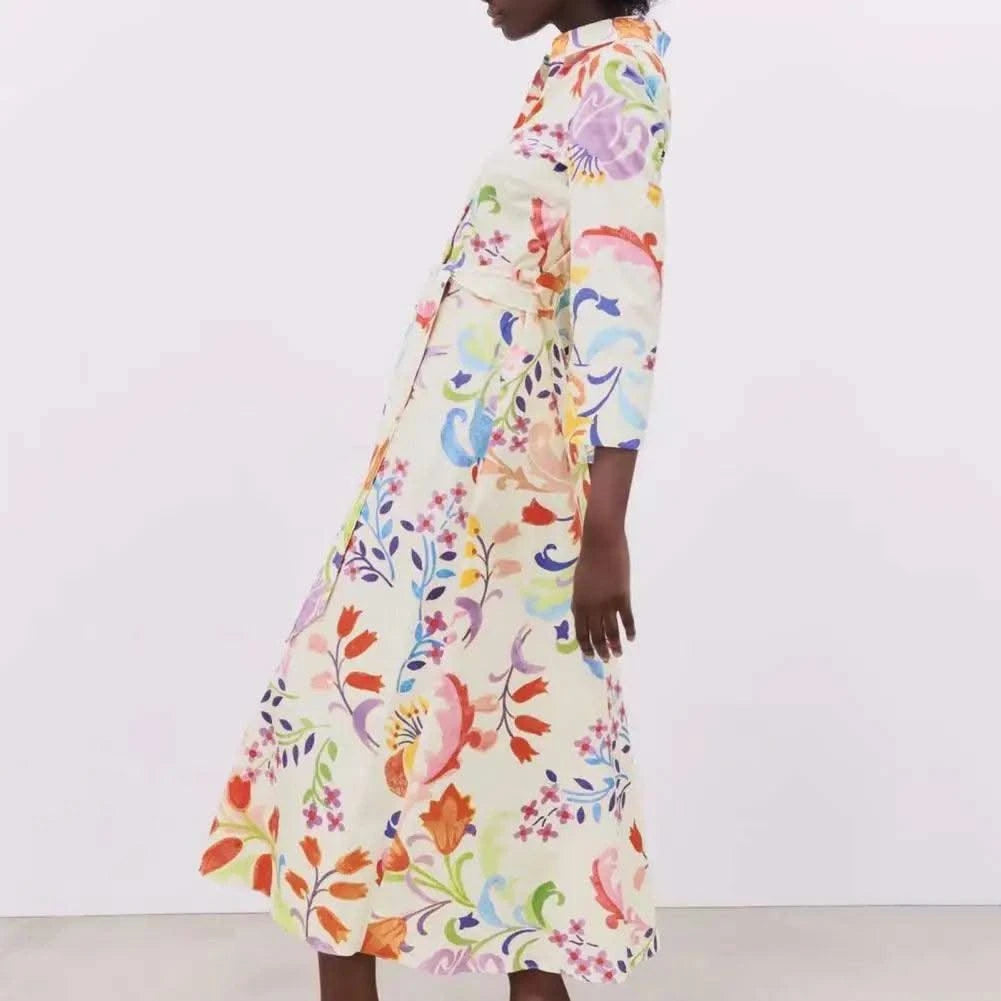 2021 Women Summer Dresses Floral Print Turn-down Collar A-Line 3/4 Sleeve Large Hem Single-breasted Mid-Calf Shirt Midi Dress St