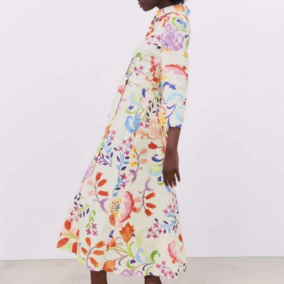 2021 Women Summer Dresses Floral Print Turn-down Collar A-Line 3/4 Sleeve Large Hem Single-breasted Mid-Calf Shirt Midi Dress St