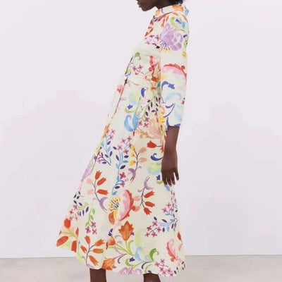 2021 Women Summer Dresses Floral Print Turn-down Collar A-Line 3/4 Sleeve Large Hem Single-breasted Mid-Calf Shirt Midi Dress St