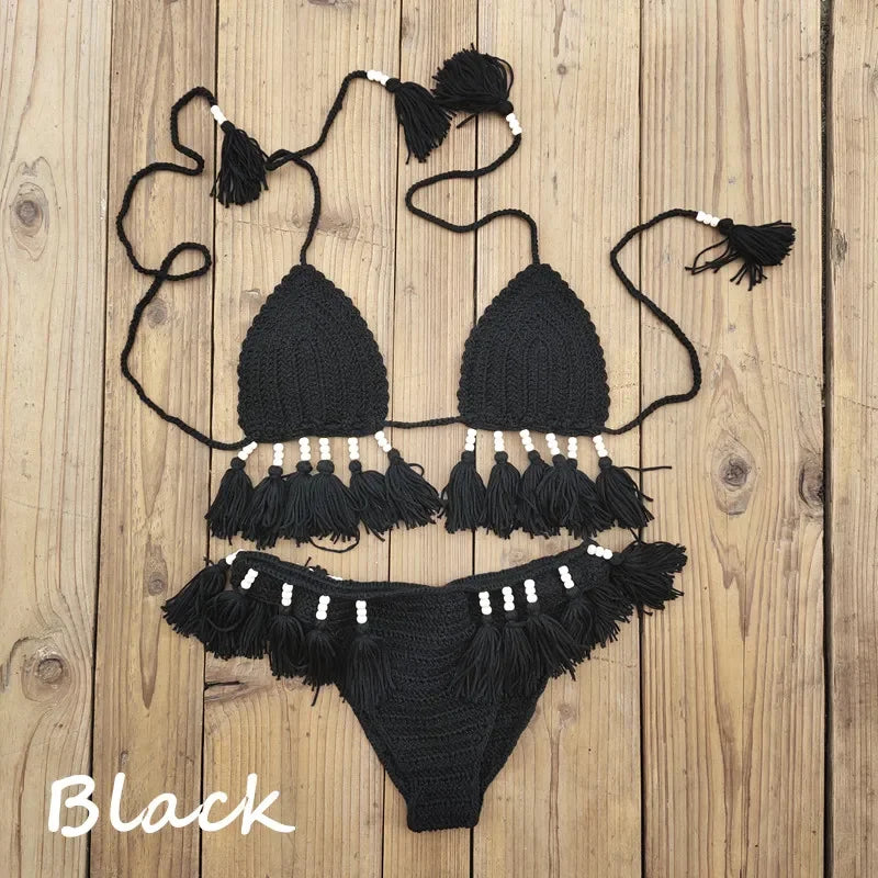 Handmade Crochet Bikini Set Laca Lita and Tassels Bead Women Swimwear Swimsuit