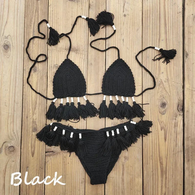 Handmade Crochet Bikini Set Laca Lita and Tassels Bead Women Swimwear Swimsuit