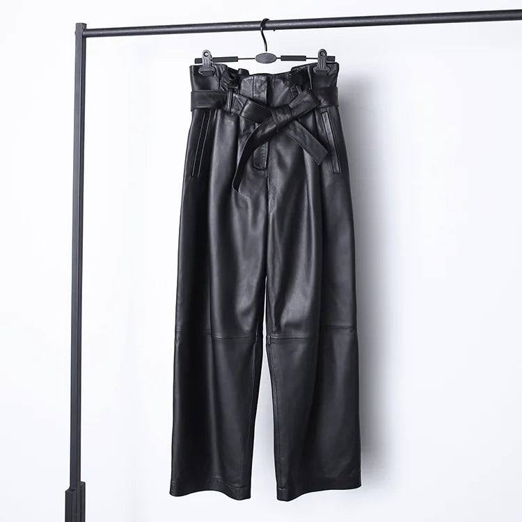 Stylish Genuine Leather Pants Women Sheepskin Bow Tie Lace High Waist Trousers Mujer Khaki/Green Straight Wide Leg Pantalon