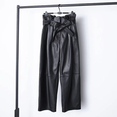 Stylish Genuine Leather Pants Women Sheepskin Bow Tie Lace High Waist Trousers Mujer Khaki/Green Straight Wide Leg Pantalon