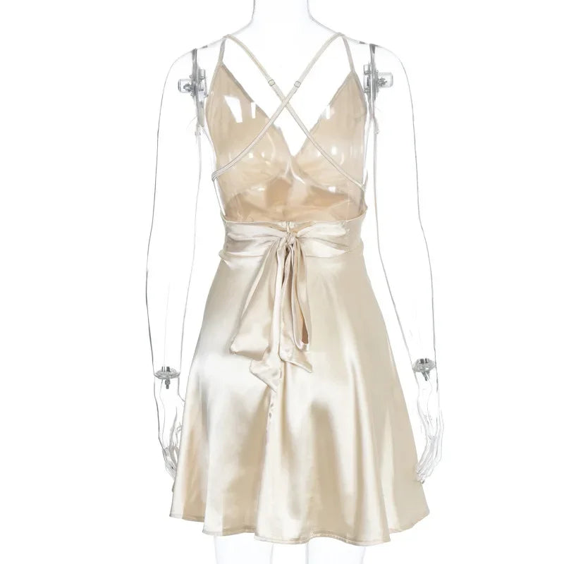 Women's Dress 2024 Fashion Summer elegant bow white female mini dress party cute sexy french romantic silk dress women
