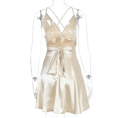 Women's Dress 2024 Fashion Summer elegant bow white female mini dress party cute sexy french romantic silk dress women