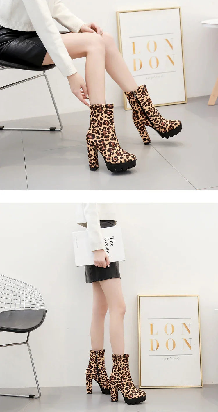 EilyKen Handmade Brown Square Chunky High Heel Booties Leopard Print Platform Side Zippers Shoes Designer Woman Ankle Boots