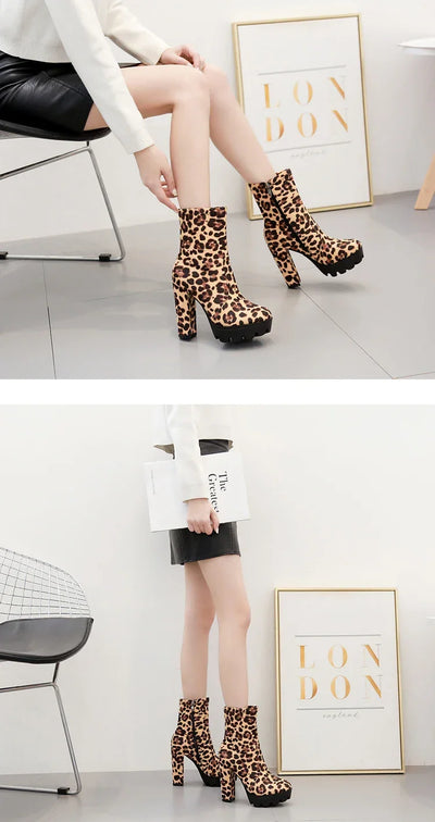 EilyKen Handmade Brown Square Chunky High Heel Booties Leopard Print Platform Side Zippers Shoes Designer Woman Ankle Boots