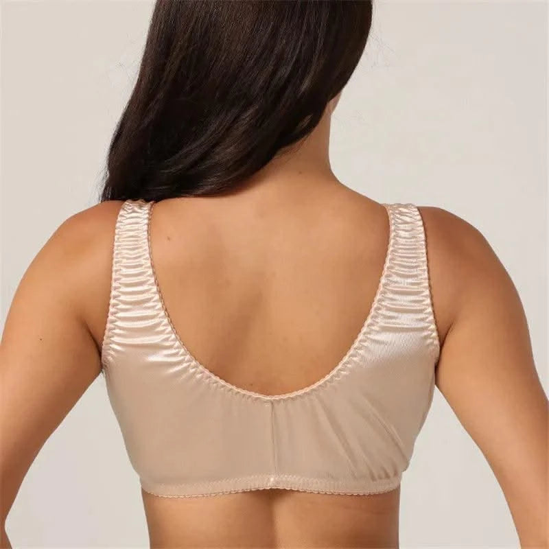 Women Full Coverage Bra Plus Size Comfort And Support Satin Bra Imitated Silk No Padded Wireless Front Closure Vest Underwear