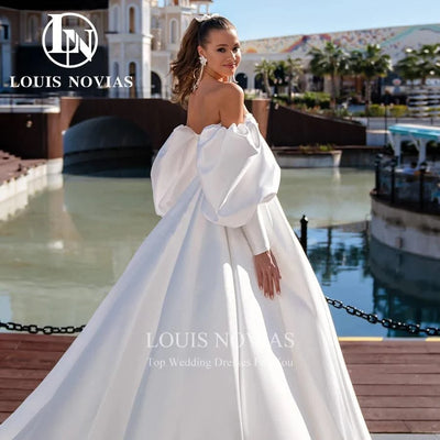 A-line Sexy Exquisite Satin Bridal Gown Beaded Sweetheart Puff Sleeve Wedding Dresses For Women