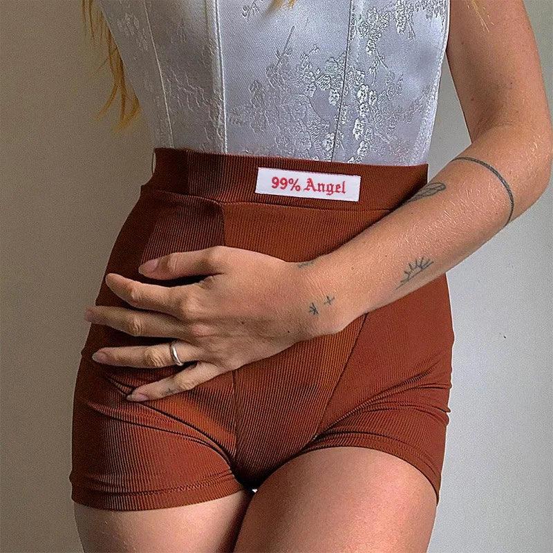 Women's shorts Summer Brown Letter Embroidery Biker Shorts Women Ribber Knit Black High Waist Casual Streetwear Shorts