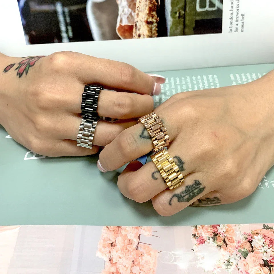 Luxury Never Fade 18K Gold Plated Bold Wide Thick Ring for Women Chunky Link Chain Stainless Steel Strap Finger Rings Jewelry