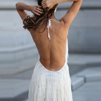 Summer Women Fringed Dress Sexy Elegant Backless Sleeveless Female New Fashion Solid Hanging Neck Casual Club Night Party Dress
