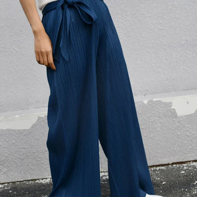 Miyake Pleated Designer Pleated Blue Belt Pants Casual Long Women Trousers