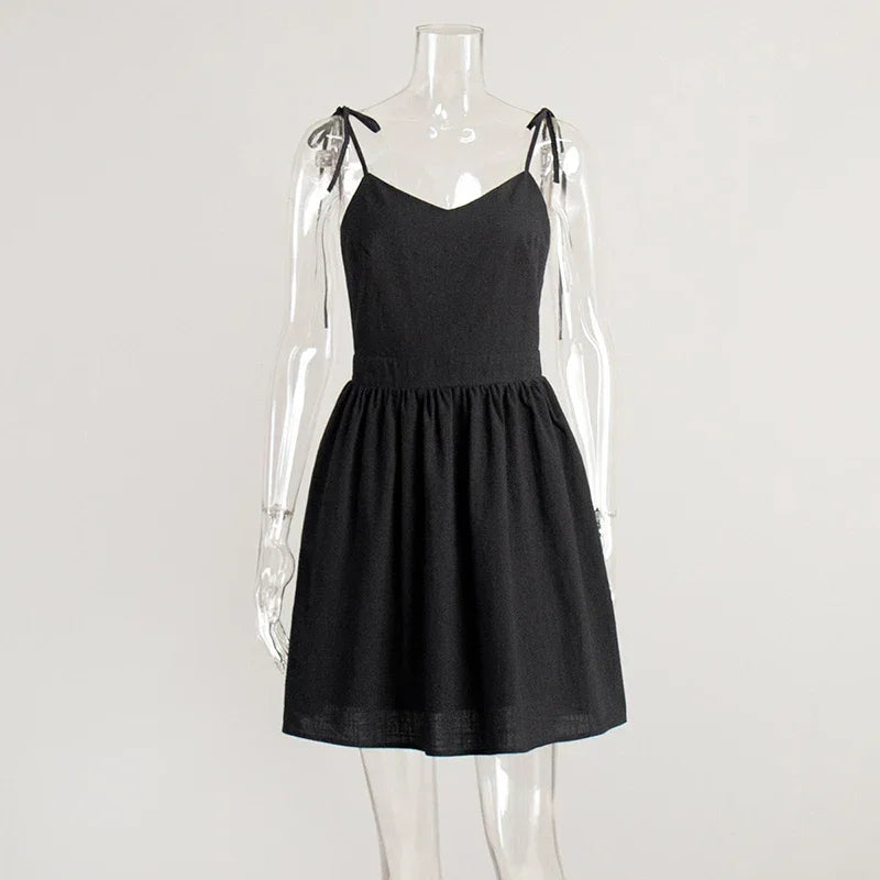 Women's Backless Straps Dress Breathable 100% Cotton Summer Black Party A-line Mini Dresses Woman's High Waist Elegant Sexy Robe