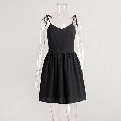 Women's Backless Straps Dress Breathable 100% Cotton Summer Black Party A-line Mini Dresses Woman's High Waist Elegant Sexy Robe